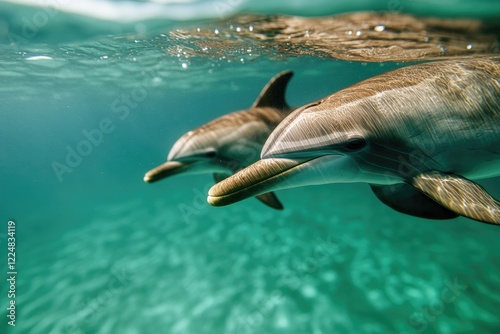 close-up of dolphin mother and calf swimming side by side their movements synchronized in clear sunlit water photo