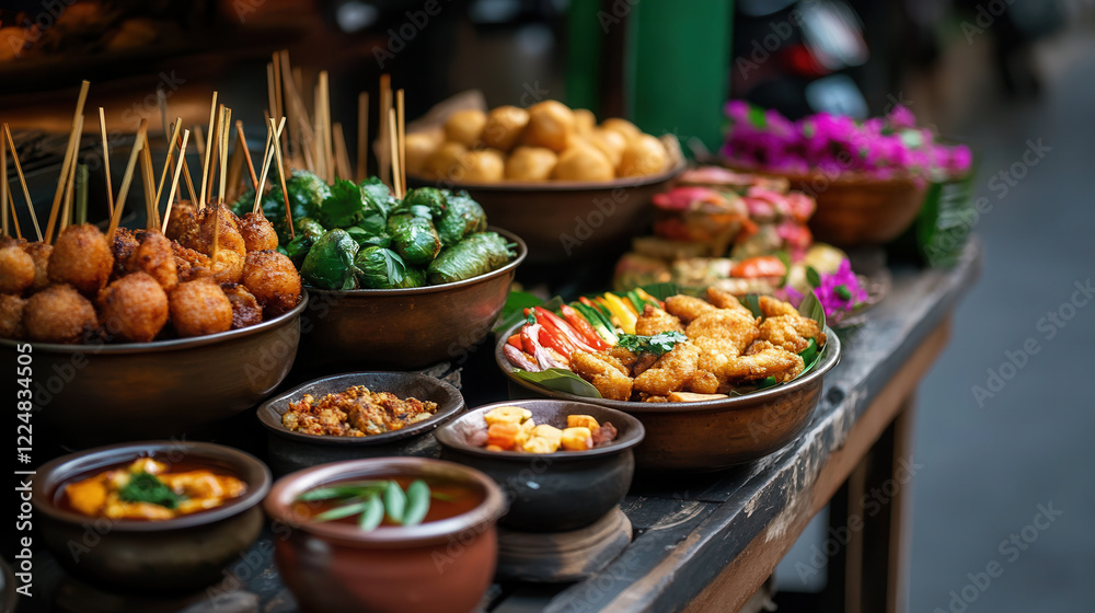 Obraz premium Delicious street food display with various dishes, vibrant colors, and textures