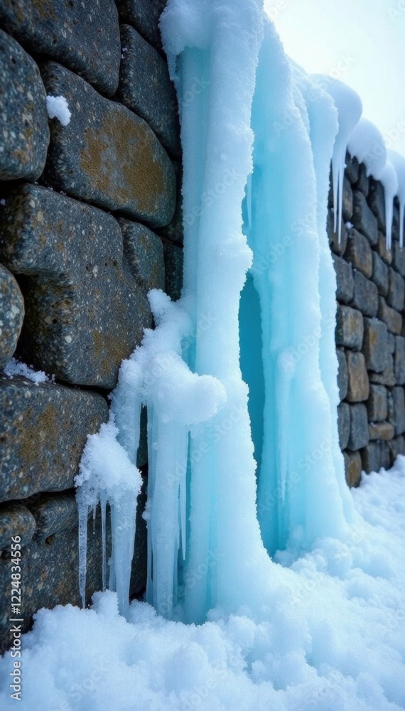 Thick ice sheets covering a rough stone textured wall, frozen, ice, snowflake Thick ice sheets covering a rough stone textured wall, frozen, ice, snowflake