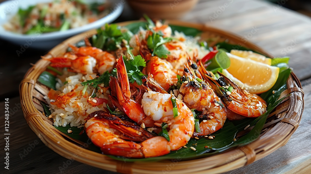 Delicious shrimp dish served with rice, garnished with herbs and lemon Delicious shrimp dish served with rice, garnished with herbs and lemon