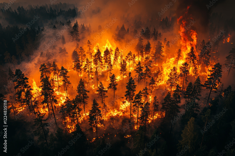 Aerial view of wildfire engulfing a forest at night. Aerial view of wildfire engulfing a forest at night.
