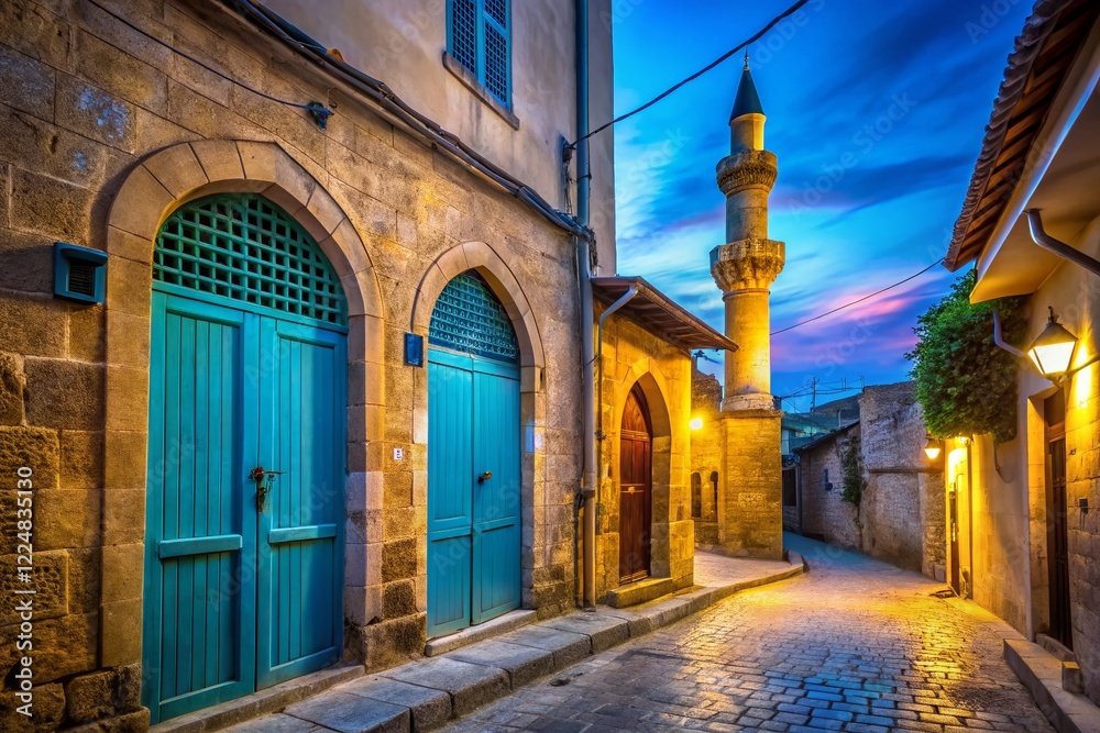 Fototapeta premium Nicosia Cyprus Street Scene: Blue Door, Mosque, Low Light Photography