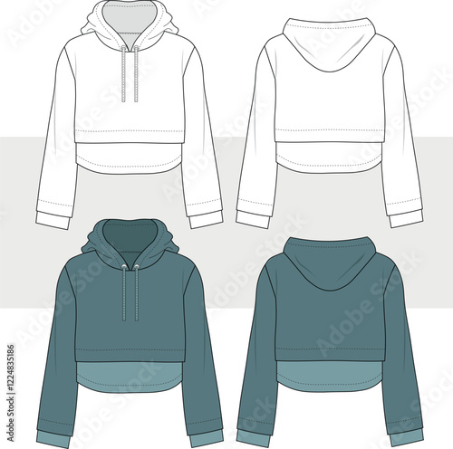 Cropped Hoodie sweatshirt technical fashion illustration, fashion flat technical drawing template, hood, relaxed fit, front and back view, unisex, CAD mockup.