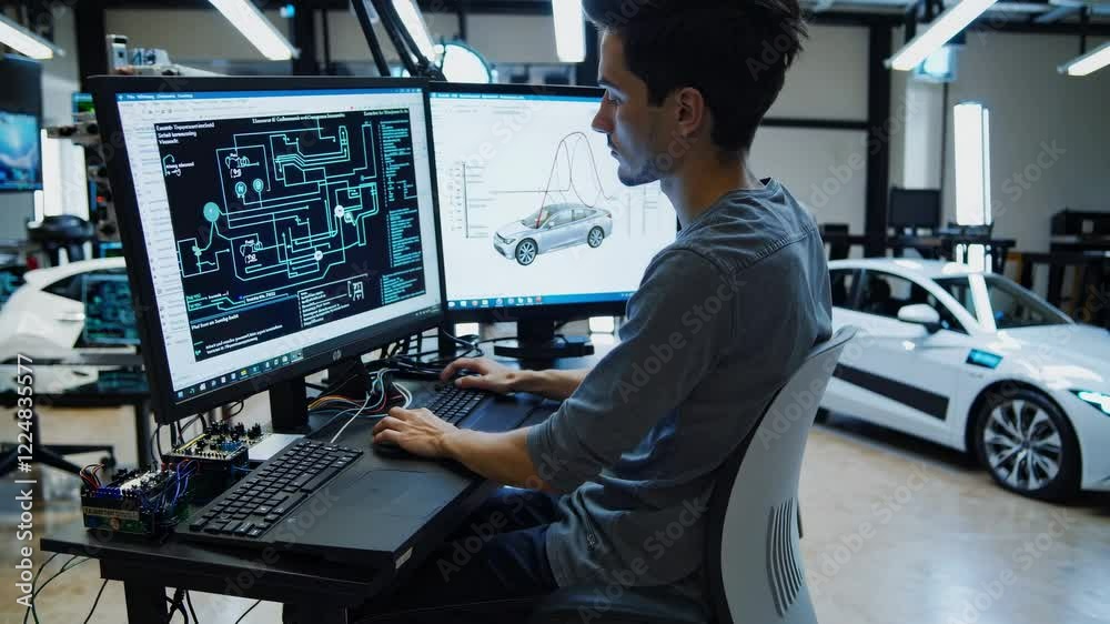 Automotive engineer working on a computer in a high tech laboratory, developing software for electric vehicles and analyzing their performance using specialized tools