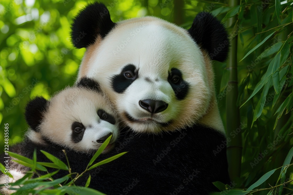mother panda cuddling her cub in bamboo forest surrounded by vibrant green leaves and soft shadows mother panda cuddling her cub in bamboo forest surrounded by vibrant green leaves and soft shadows