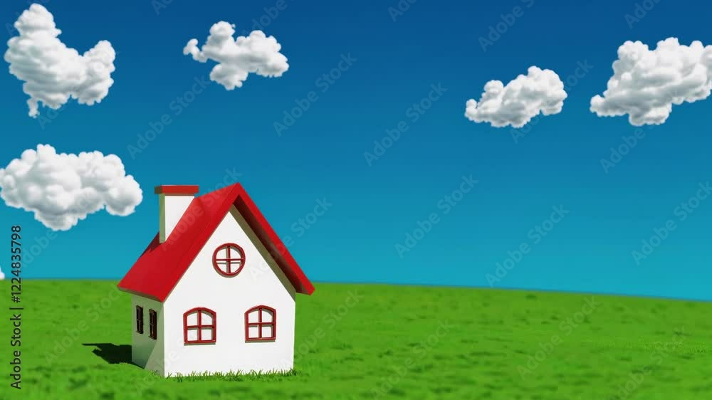 Small white miniature house with red roof sitting on lush green meadow under bright blue sky, symbolizing peaceful real estate and rural landscape concept Small white miniature house with red roof sitting on lush green meadow under bright blue sky, symbolizing peaceful real estate and rural landscape concept