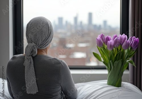 Woman Contemplating City View From Hospital Room photo