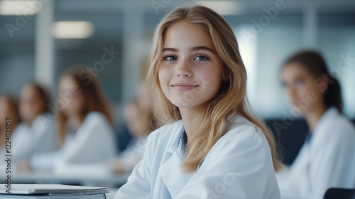 Smiling Student in a Classroom Setting: A Portrait of Focused Learning photo