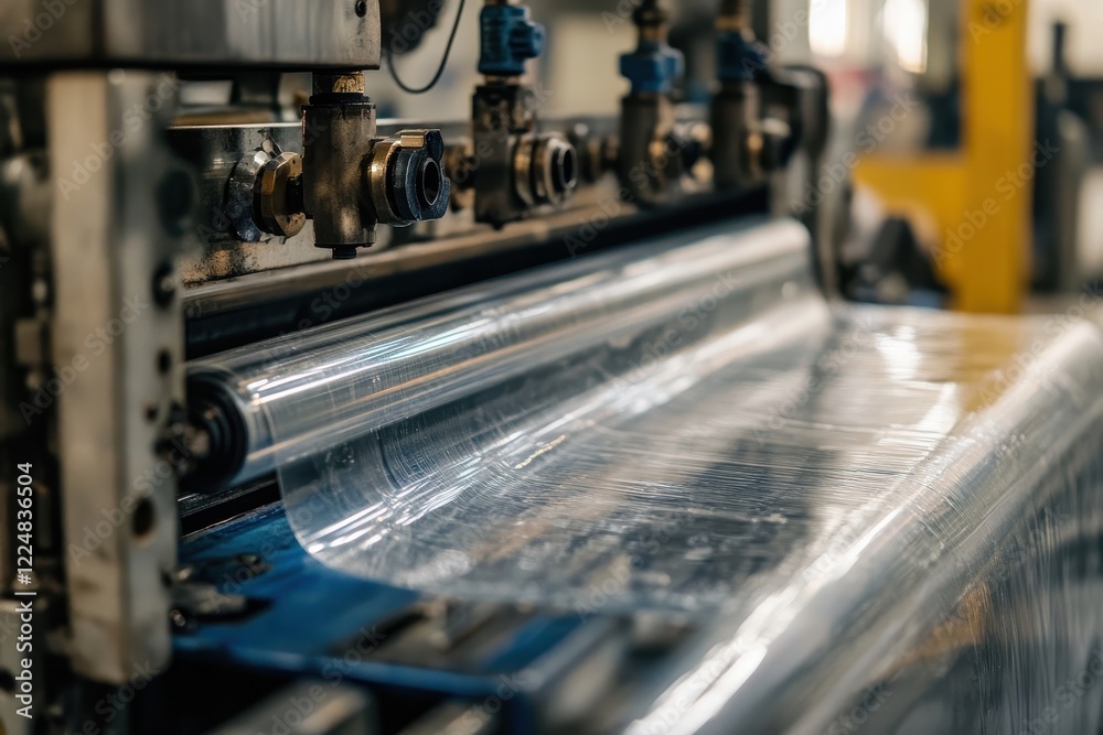 Fototapeta premium Industrial machine rolls transparent plastic film. Shows plastic production, perfect for manufacturing or packaging concepts.