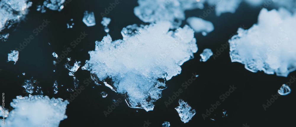 Obraz premium Snowflakes softly resting on a dark background with a cold blue hue creating a winter atmosphere
