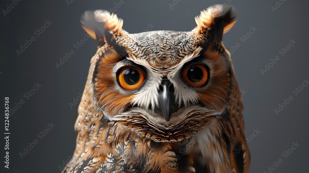 Fototapeta premium A close-up portrait of an owl with large, bright orange eyes staring intently at the viewer.