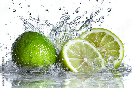 Limes splashing in water, vibrant green citrus fruits.