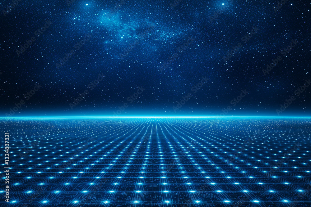 Obraz premium Celestial Grid: Digital landscape under a starlit sky.