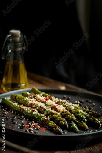 Fresh green asparagus spears are grilled to perfection and garnished with crumbled cheese and colorful spices. A glass oil bottle adds to the rustic charm of the kitchen atmosphere photo