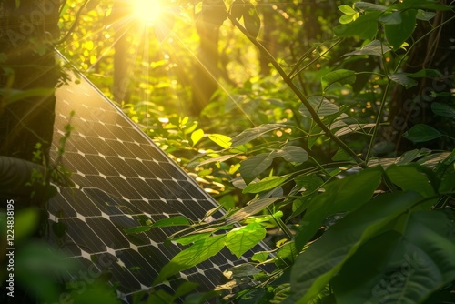 Un pannello solare integrato in una foresta verde lussureggiante, con i raggi del sole che sembrano interagire con le foglie, a simboleggiare l'armonia tra natura e tecnologia