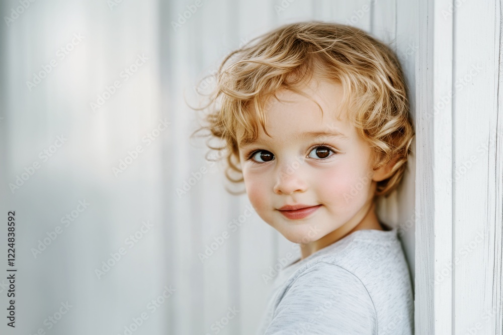 boy portrait with brown eyes hiding behind a white wooden door with curious expression boy portrait with brown eyes hiding behind a white wooden door with curious expression