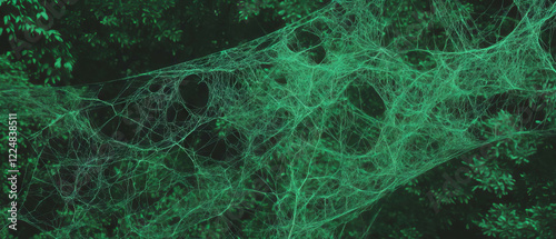 Intricate spider web texture woven among forest trees against a dark backdrop