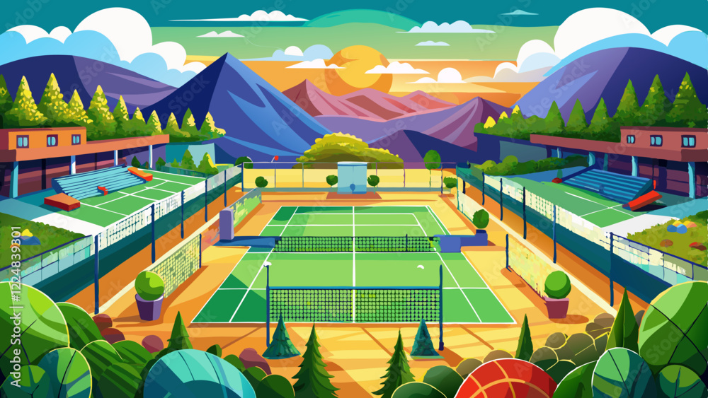 Naklejka premium GPT IconTennis court complex surrounded by bleachers, lush greenery, and mountains under a colorful sunset sky, creating a scenic and vibrant outdoor atmosphere