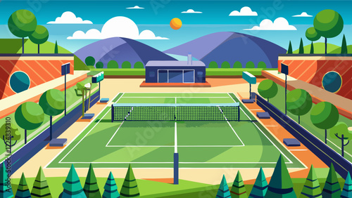 Modern tennis court surrounded by trees, seating areas, and a clubhouse, with mountains and a clear blue sky creating a vibrant and active outdoor setting