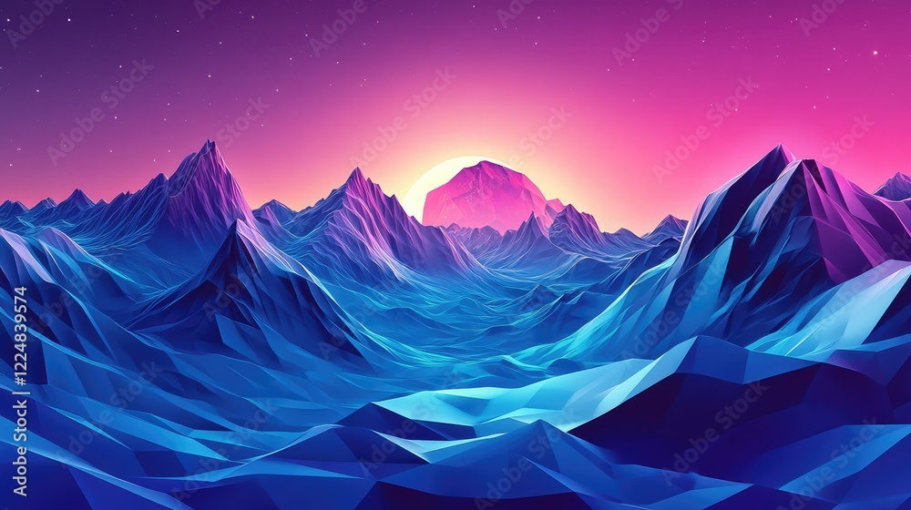 Stunning Low-Poly Mountain Landscape with Vibrant Pink and Purple Sky at Sunrise, Capturing the Beauty of Nature in a Digital Art Style Stunning Low-Poly Mountain Landscape with Vibrant Pink and Purple Sky at Sunrise, Capturing the Beauty of Nature in a Digital Art Style