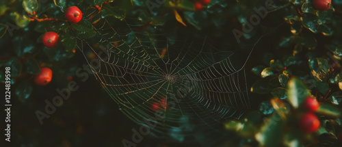 Intricate spider web delicately woven among vibrant leaves and rich branches at night