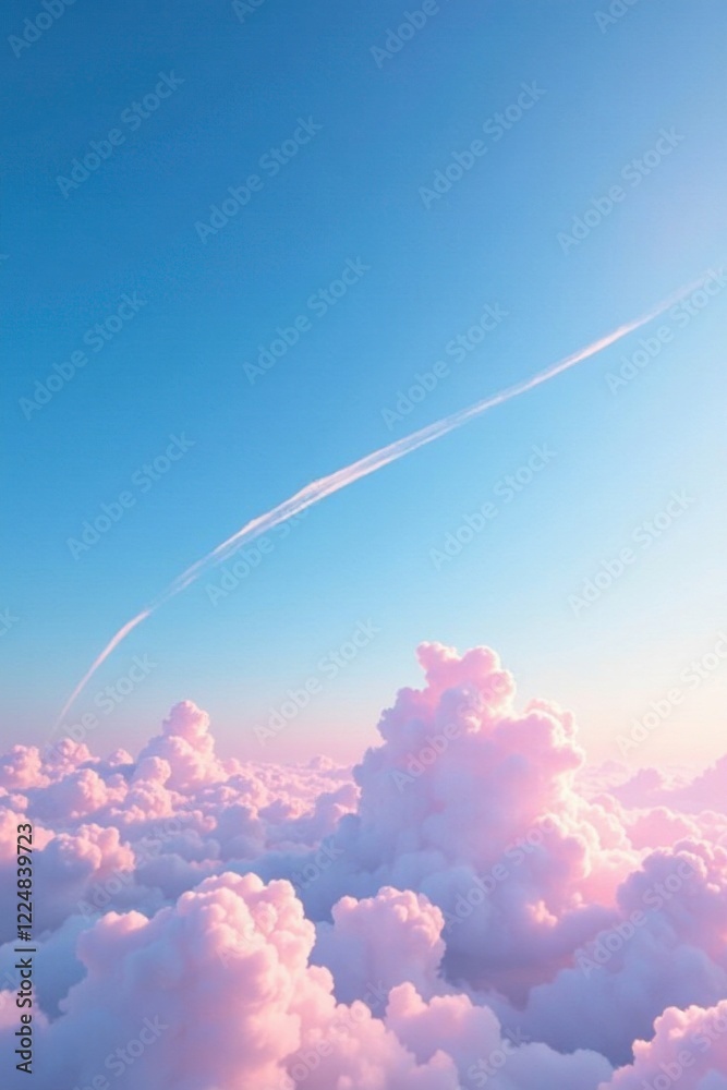 Thin wisps of vapor trail across the bright blue sky with soft pink clouds, vapor trails, feathery clouds Thin wisps of vapor trail across the bright blue sky with soft pink clouds, vapor trails, feathery clouds