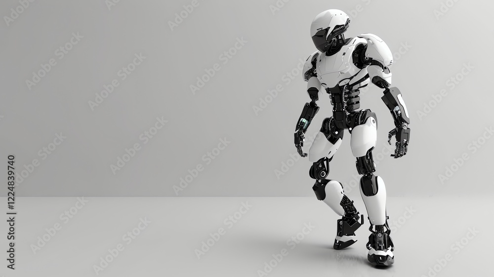Fototapeta premium A white and black robot stands in a white room.