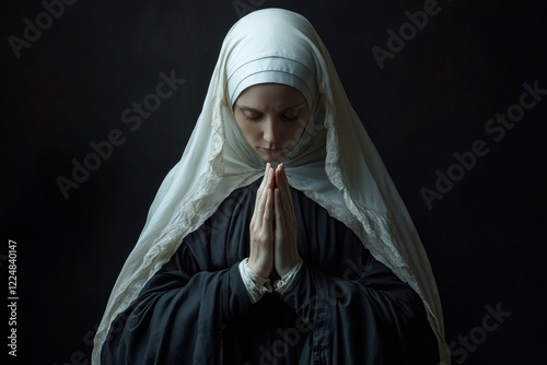 Young nun praying with clasped hands and white veil