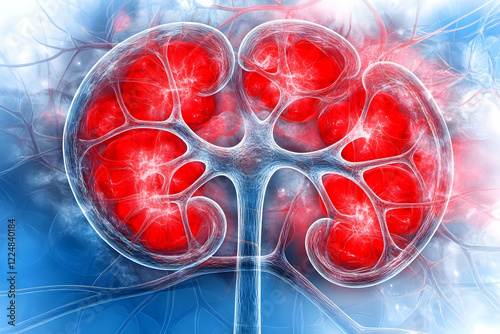 Human Kidney Illustration Shows Internal Structure with Red Nephrons and Filtering System photo