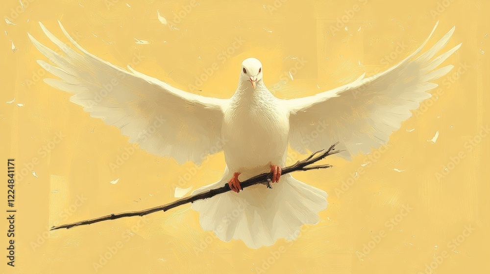 Fototapeta premium White dove, wings spread, branch held, peaceful flight.