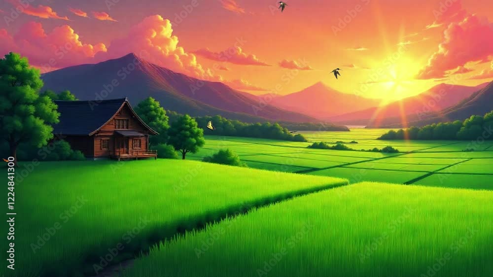 Serene sunset over lush green fields with a cozy cabin, mountains in the distance, and birds flying Serene sunset over lush green fields with a cozy cabin, mountains in the distance, and birds flying