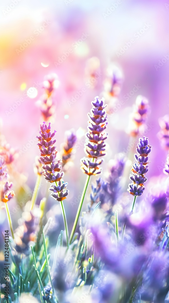 Obraz premium Lavender Flowers Bloom Beautifully in a Softly Lit Field with Dreamy Pastel Colors