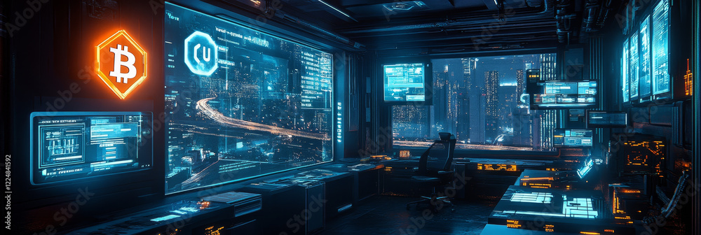 Fototapeta premium Futuristic control room with city view, glowing screens displaying data streams and cryptocurrency symbol.