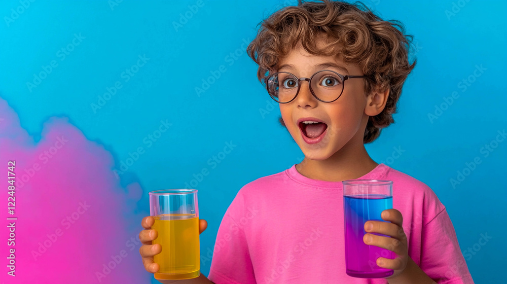The boy holds two transparent glasses with bright liquids in his hands: in one — yellow, in the other — liquid, changing from blue to purple. The boy holds two transparent glasses with bright liquids in his hands: in one — yellow, in the other — liquid, changing from blue to purple.