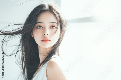 窓際で髪をなびかせる女性