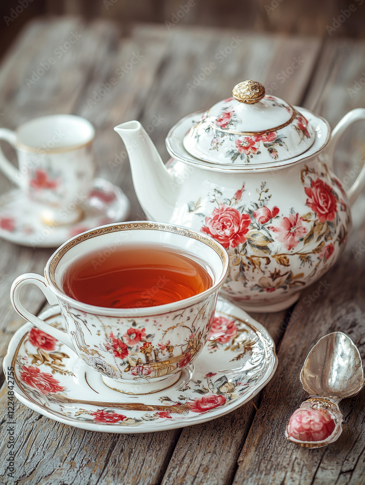 Floral teacup, teapot, and saucer set on rustic wood. Floral teacup, teapot, and saucer set on rustic wood.