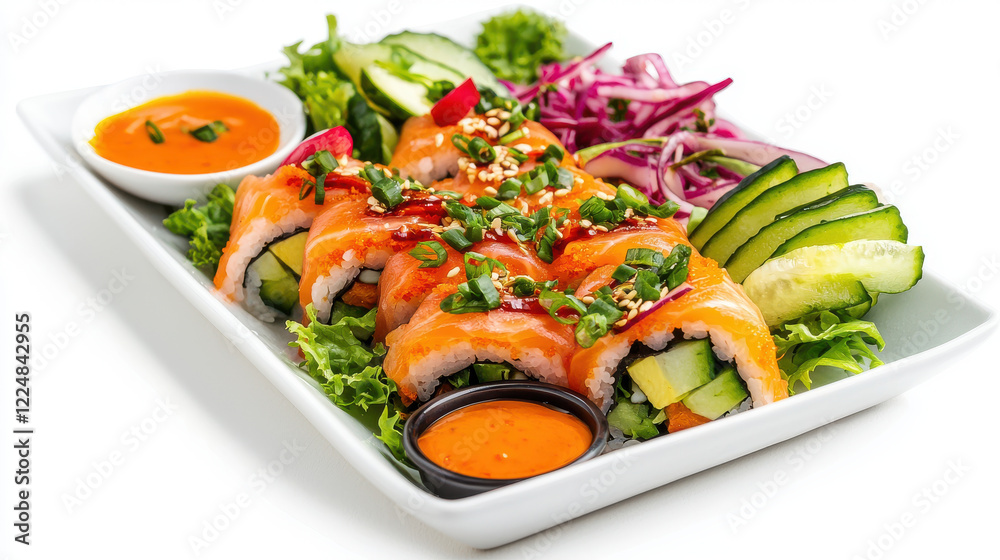 vibrant plate of fresh sushi rolls with colorful vegetables and sauces vibrant plate of fresh sushi rolls with colorful vegetables and sauces