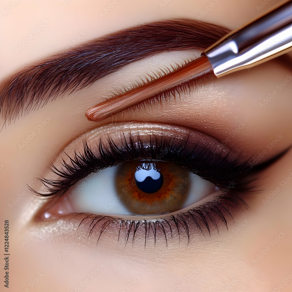 Naklejka premium Close-up of Eye with Makeup Brush Applying Eyebrow Gel Precisely and Gently