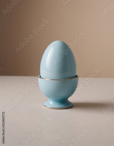 A pastel sky-blue ceramic egg cup, standing alone on a pale cream surface, creating a minimalist, artistic atmosphere