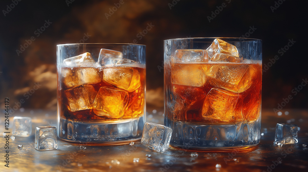 Glass of whiskey with ice cubes on the stoneware table with copy space - Old fashioned cocktail drink. Glass of whiskey with ice cubes on the stoneware table with copy space - Old fashioned cocktail drink.