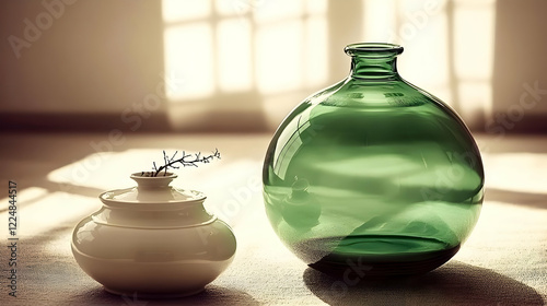 Green Glass Vase and White ...