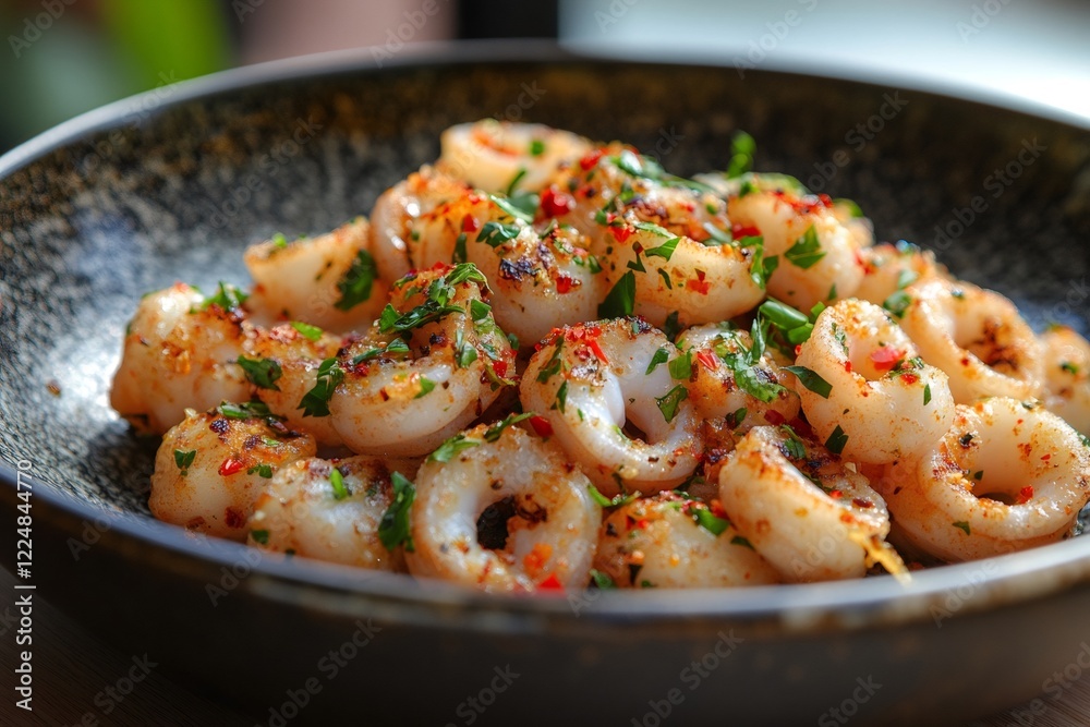 Delicious fried calamari rings seasoned with parsley and chili flakes in a bowl Delicious fried calamari rings seasoned with parsley and chili flakes in a bowl