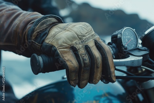 Close up of biker's hand gripping throttle control of classic motorcycle