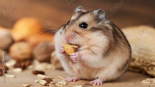 A cute hamster munching on a nut, surrounded by various seeds and nuts. The scene captures the playful and adorable nature of this small pet, perfect for pet lovers. photo