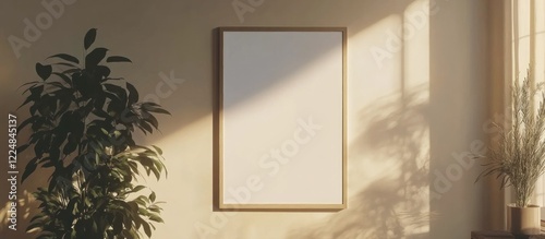Minimalist bedroom scene with a blank 16x20 frame mockup and indoor plants in soft natural lighting