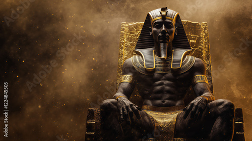 Black egyptian pharaoh sitying on his magestic golden throne in his royal palace. Vintage antique mummified black pharaoh god sitting on his throne 