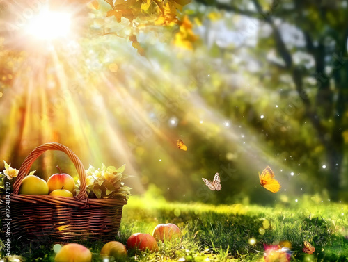 Basket of Apples Sits in Su...