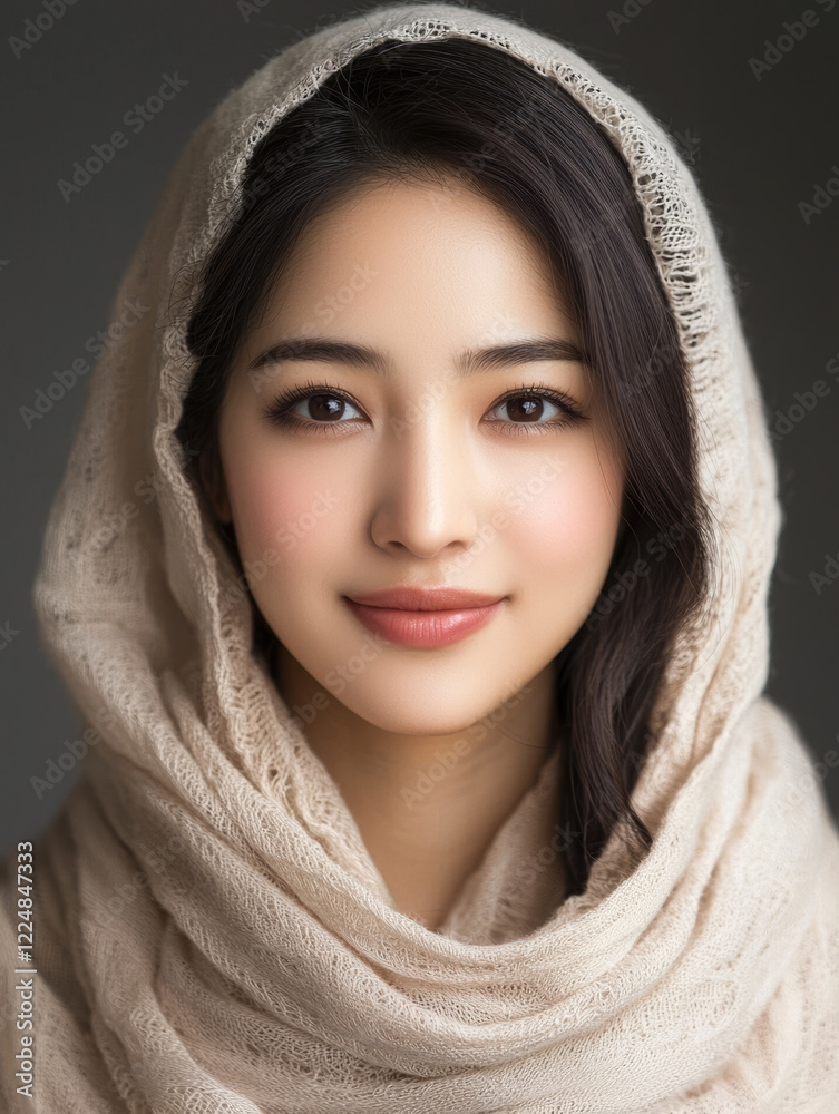 Obraz premium Serene woman, veiled in soft beige knit fabric.