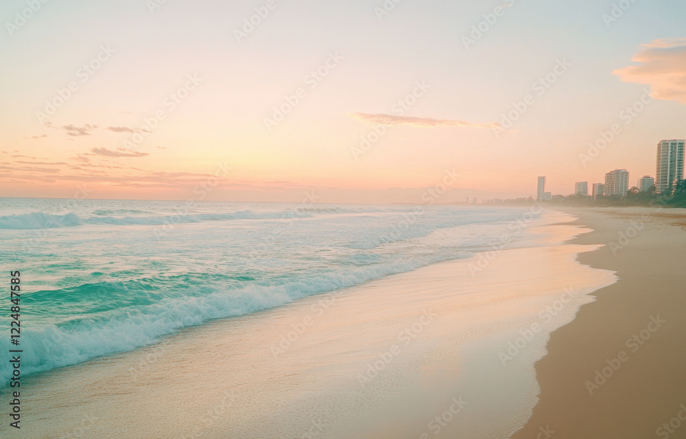 Fototapeta premium Serene beach at sunset with soft pastel colors and gentle waves lapping on the shore