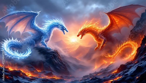 Ice and Fire Dragons Epic Fantasy Art Print